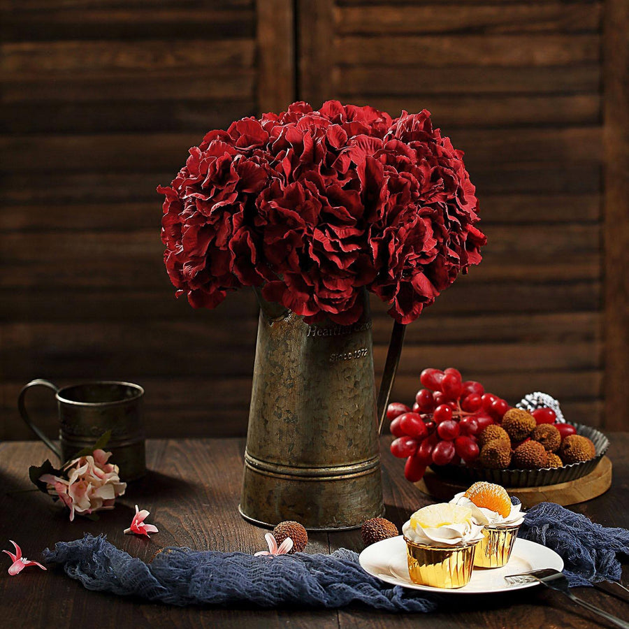 10 Flower Head & Stems | Burgundy Artificial Satin Hydrangeas, DIY Arrangement