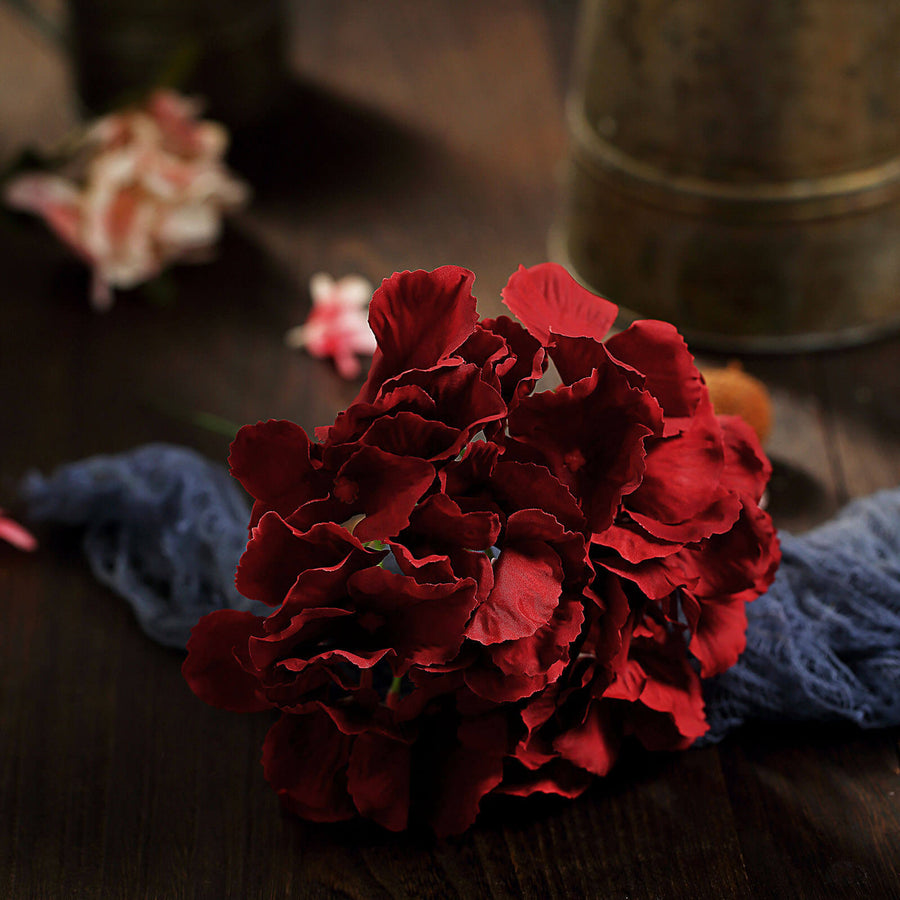10 Flower Head & Stems | Burgundy Artificial Satin Hydrangeas, DIY Arrangement#whtbkgd