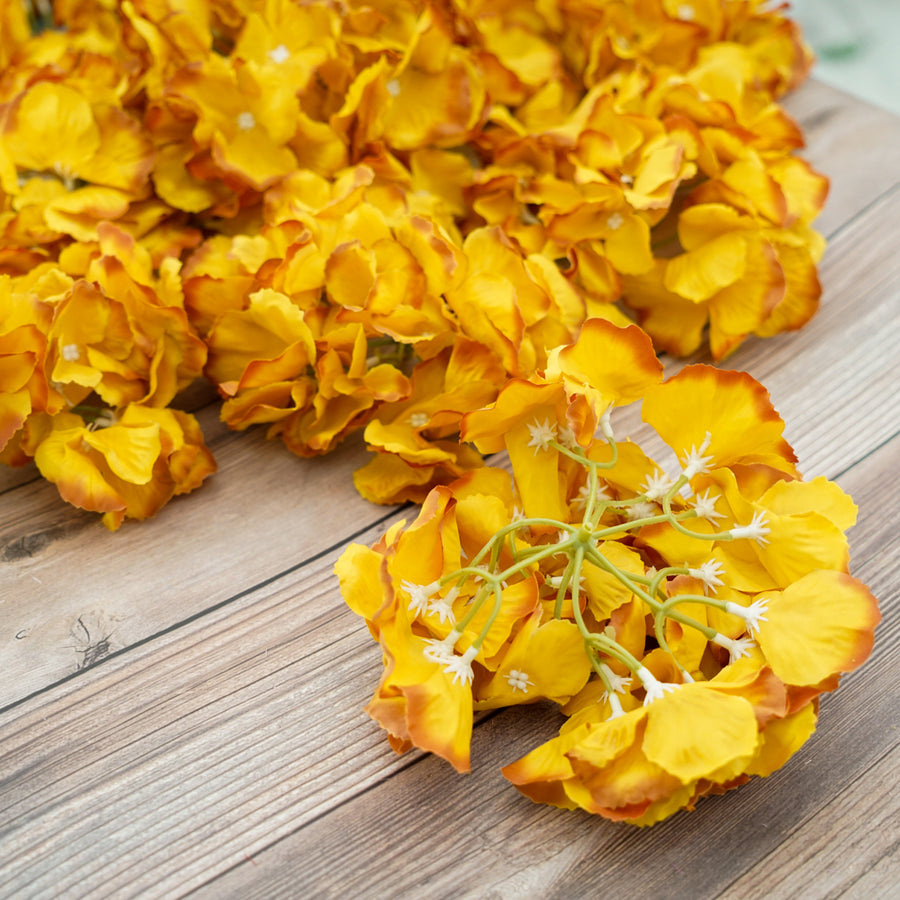 10 Flower Head & Stems | Gold Artificial Satin Hydrangeas, DIY Arrangement