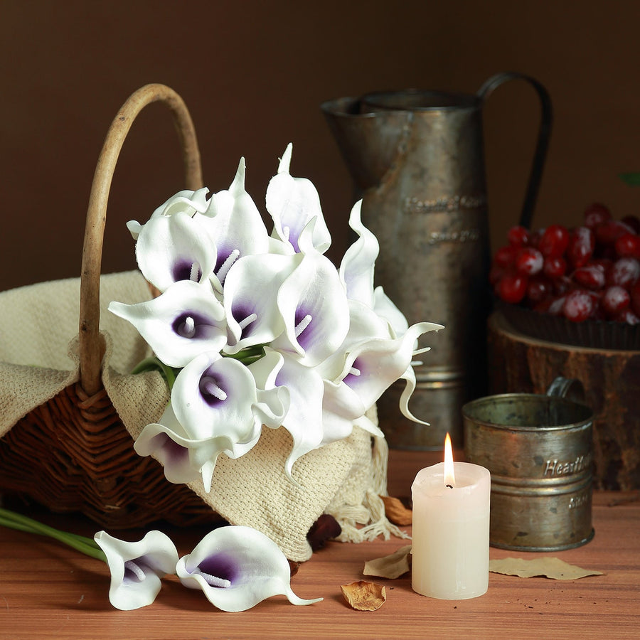 20 Stems | 14inch White/Purple Artificial Poly Foam Calla Lily Flowers
