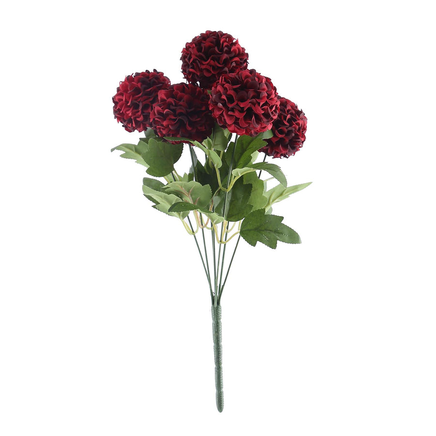 4 Bushes | Burgundy Artificial Silk Chrysanthemum Flowers, Faux Mums