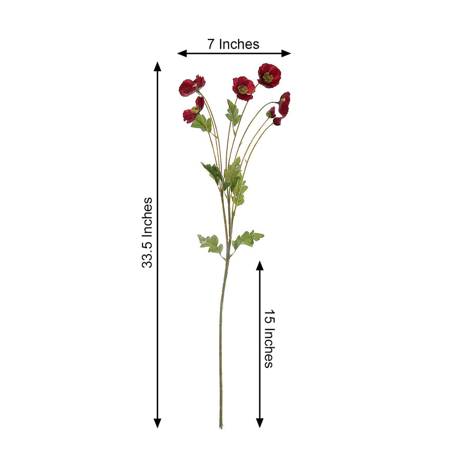 2 Stems | 33Inch Red Artificial Silk Poppy Flower Bouquet Bushes