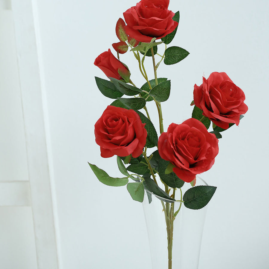 2 Bouquets | 33Inches Tall Red Artificial Silk Rose Flower Bush Stems