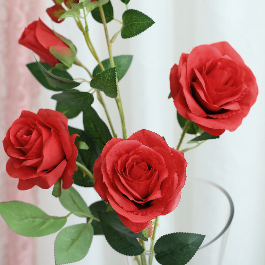 2 Bouquets | 33Inches Tall Red Artificial Silk Rose Flower Bush Stems
