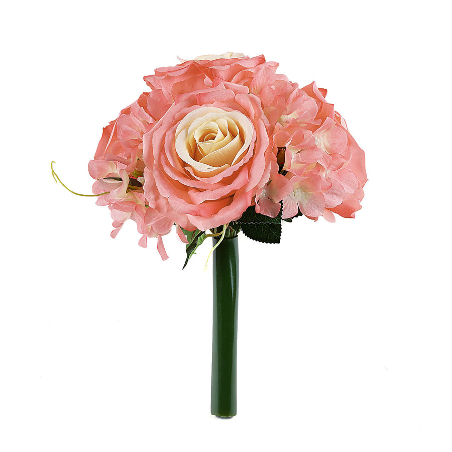 2 Bushes | Coral Artificial Silk Rose & Hydrangea Mix Flower Bouquets#whtbkgd