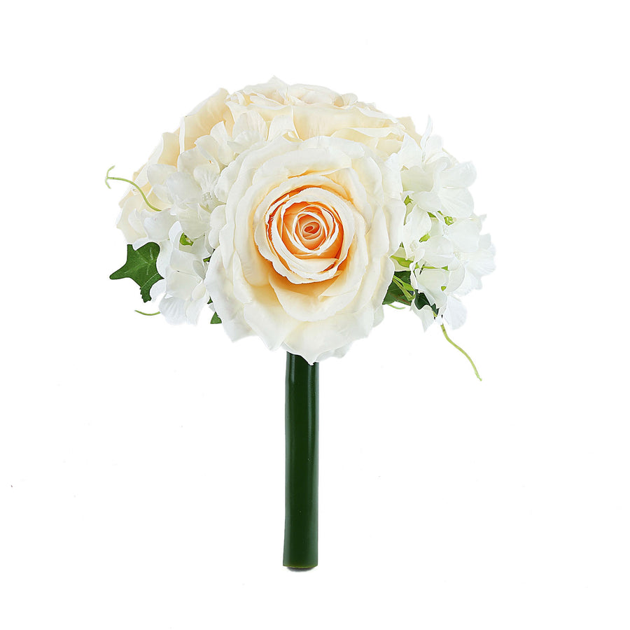 2 Bushes | Cream Artificial Rose and Hydrangea Mixed Flowers, Silk Wedding Bridal Bouquets#whtbkgd