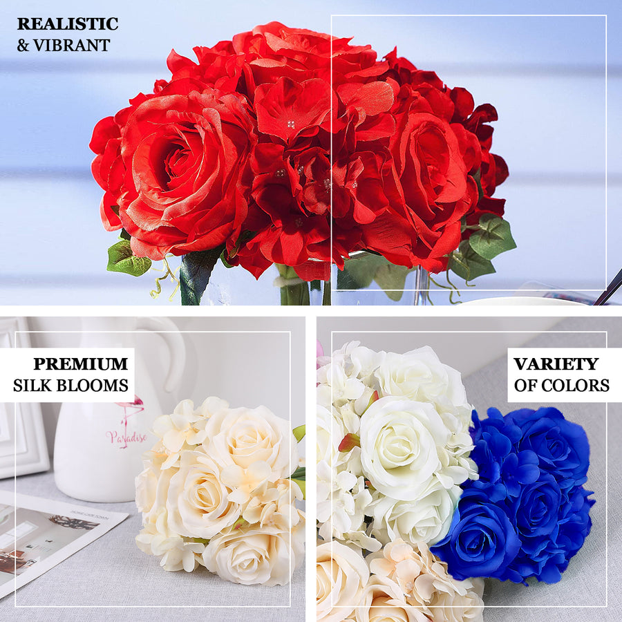 2 Bushes | Coral Artificial Silk Rose & Hydrangea Mix Flower Bouquets