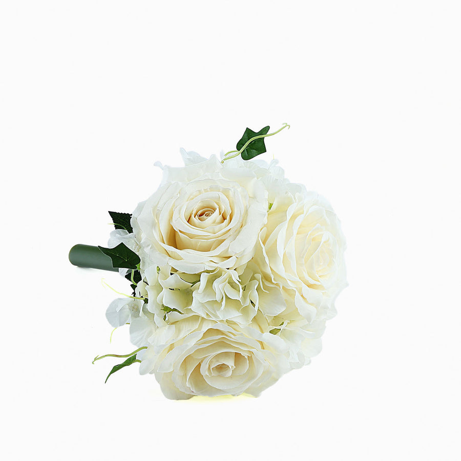 2 Bushes | Ivory Artificial Silk Rose & Hydrangea Flower Bouquets
