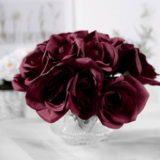 Create a Stunning Floral Display with the Burgundy Artificial Velvet-Like Fabric Rose Flower Bouquet Bush