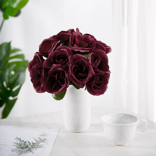 Enhance Your Event Decor with the Burgundy Artificial Velvet-Like Fabric Rose Flower Bouquet Bush