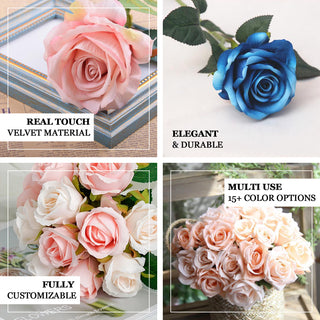 Elegant Royal Blue Artificial Velvet-Like Fabric Rose Flower Bouquet Bush