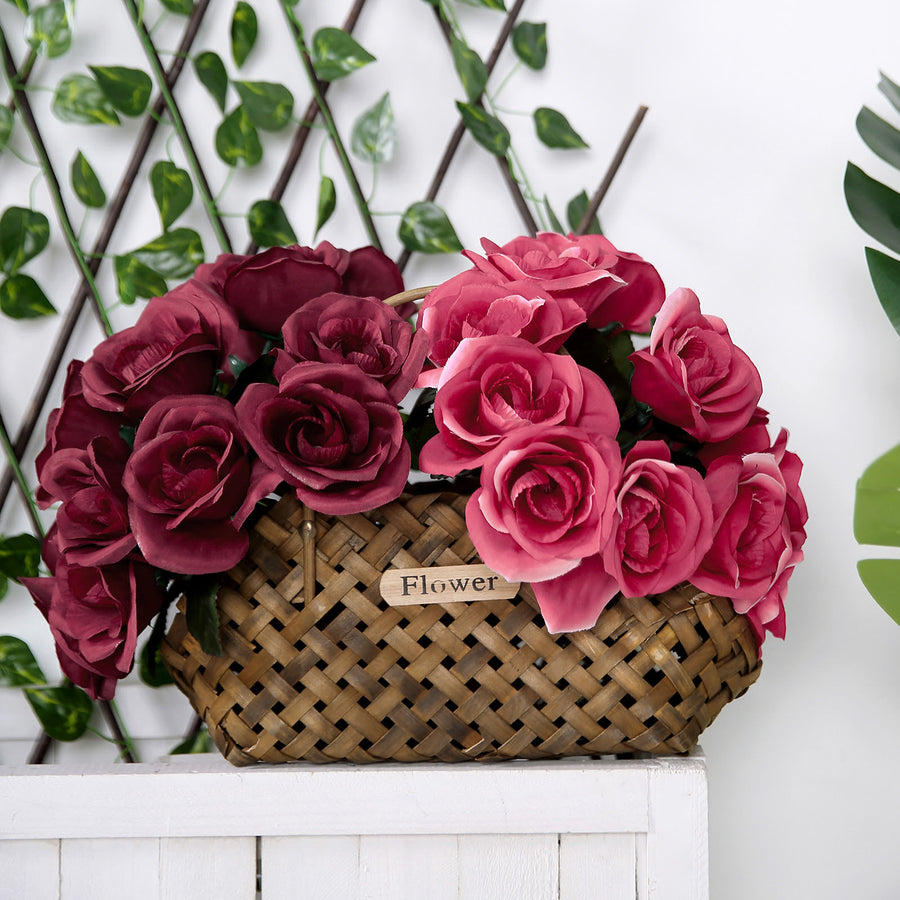 12inches Fuchsia Artificial Velvet-Like Fabric Rose Flower Bouquet Bush
