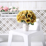 12inches Gold Artificial Velvet-Like Fabric Rose Flower Bouquet Bush