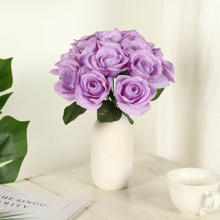 Lavender Lilac Artificial Velvet-Like Fabric Rose Flower Bouquet Bush