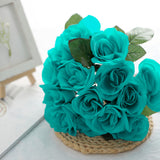 12inch Turquoise Artificial Velvet-Like Fabric Rose Flower Bouquet Bush#whtbkgd