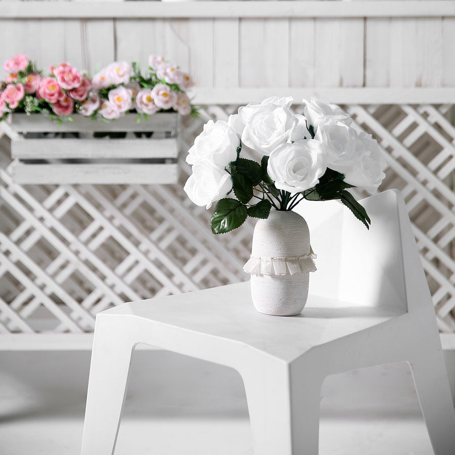 12inches White Artificial Velvet-Like Fabric Rose Flower Bouquet Bush