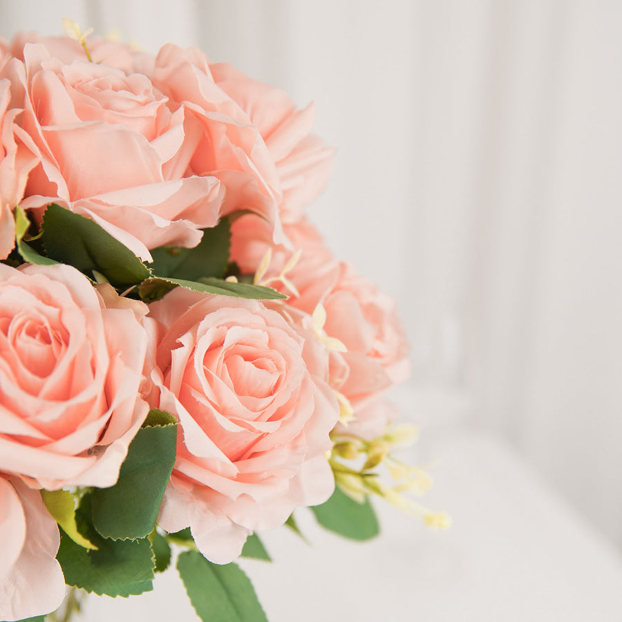 2 Bushes | 18inch Real Touch Blush Rose Gold Artificial Rose Flower Bouquet, Silk Long Stem Flower