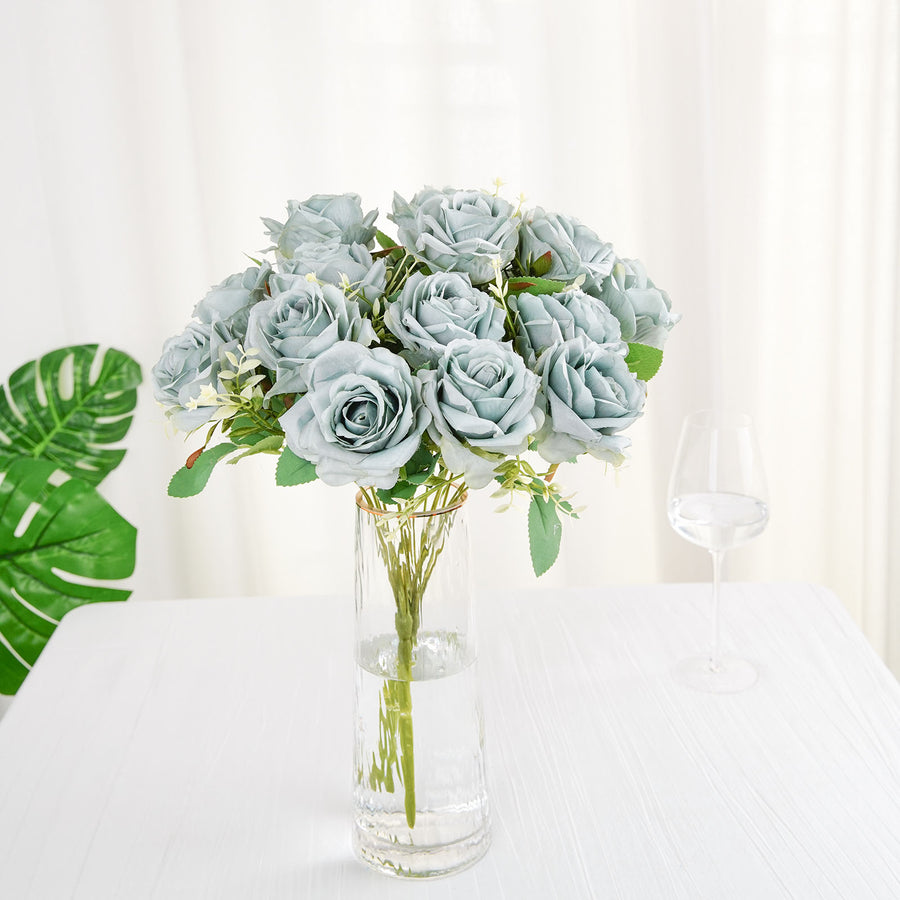 2 Bushes | 18inch Real Touch Dusty Blue Artificial Rose Flower Bouquet, Silk Long Stem Flower