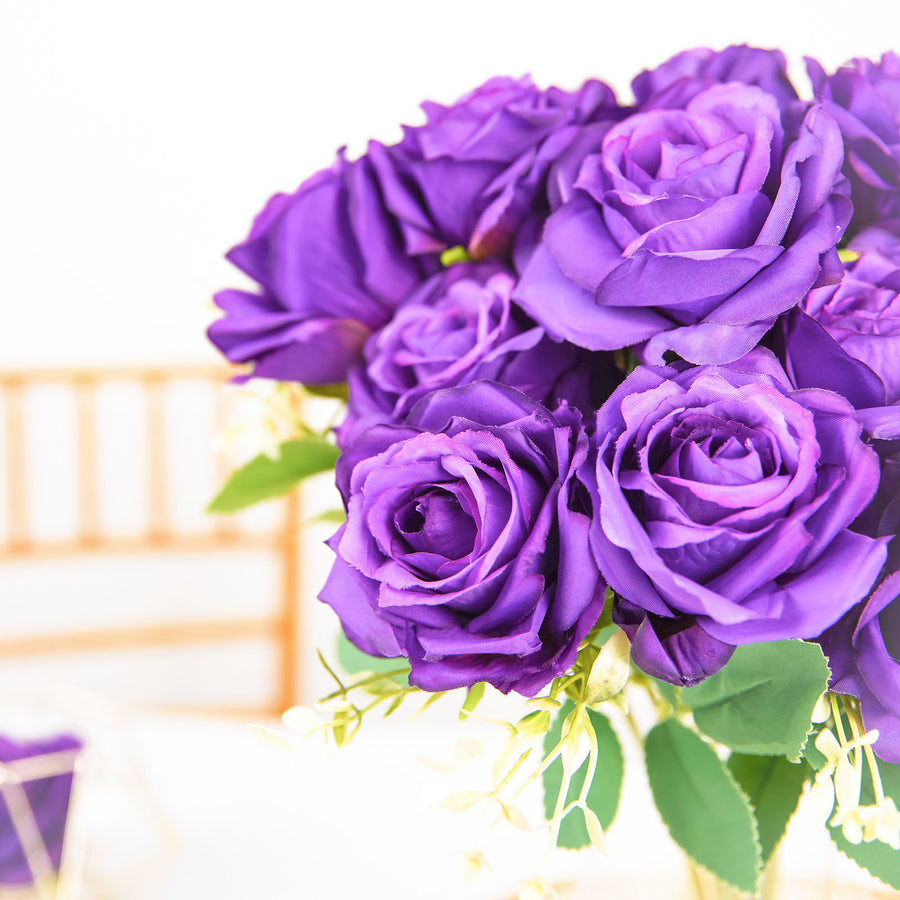 2 Bushes | 18inch Real Touch Purple Artificial Rose Flower Bouquet, Silk Long Stem Flower