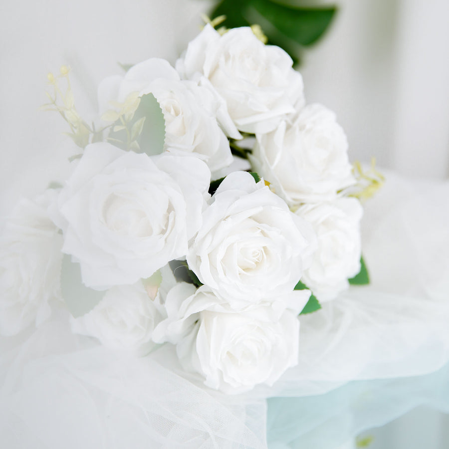 2 Bushes | 18inch Real Touch White Artificial Rose Flower Bouquet, Long Stem Flower Arrangements