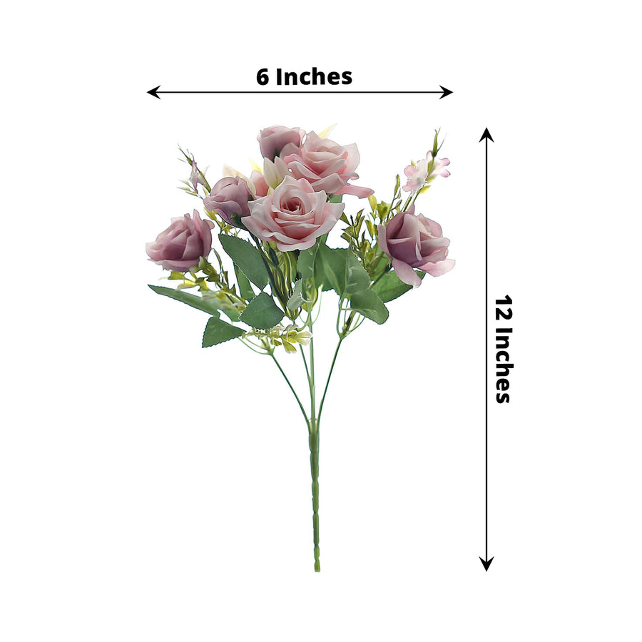 4 Bushes | 12inch Dusty Rose Real Touch Artificial Silk Rose Flower Bouquet