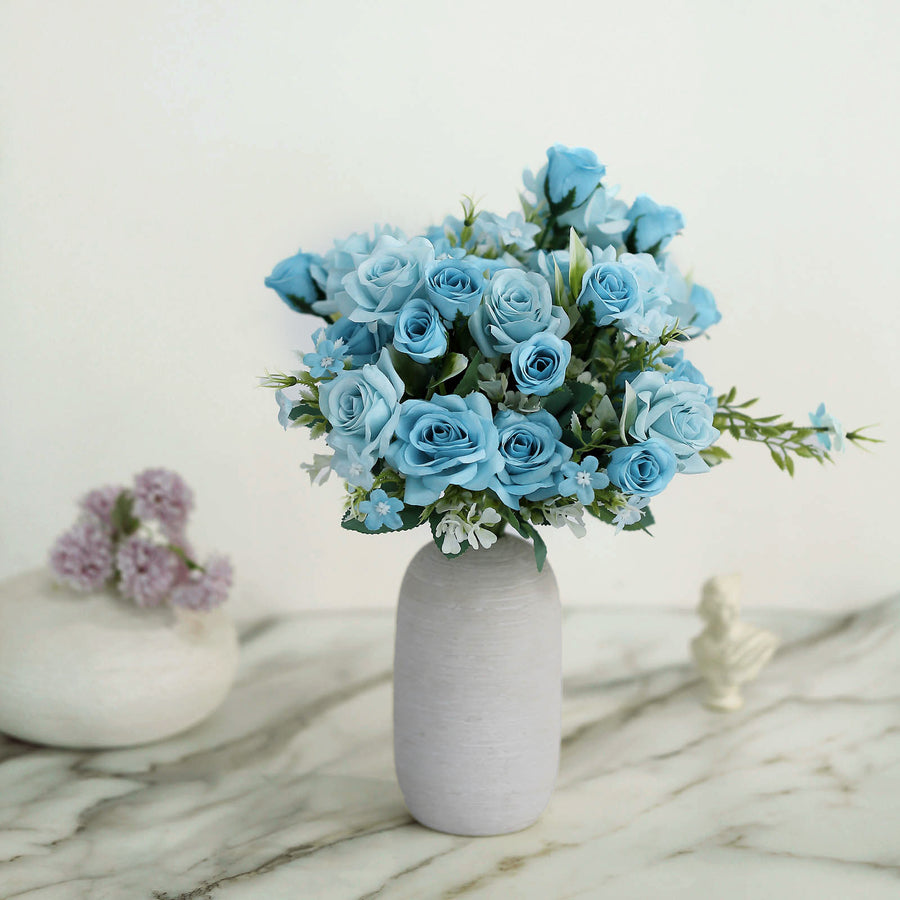 4 Bushes | 12inch Dusty Blue Real Touch Artificial Silk Rose Flower Bouquet