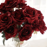 2 Bouquets | 17inch Burgundy Real Touch Artificial Silk Rose Flower Bushes