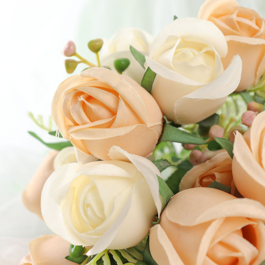 3 Pack | 13inch Blush Rose Gold Real Touch Silk Rose Bud Flower Bridal Bouquets#whtbkgd