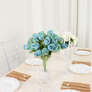 Elegant Dusty Blue Silk Rose Bud Flower Bridal Bouquets