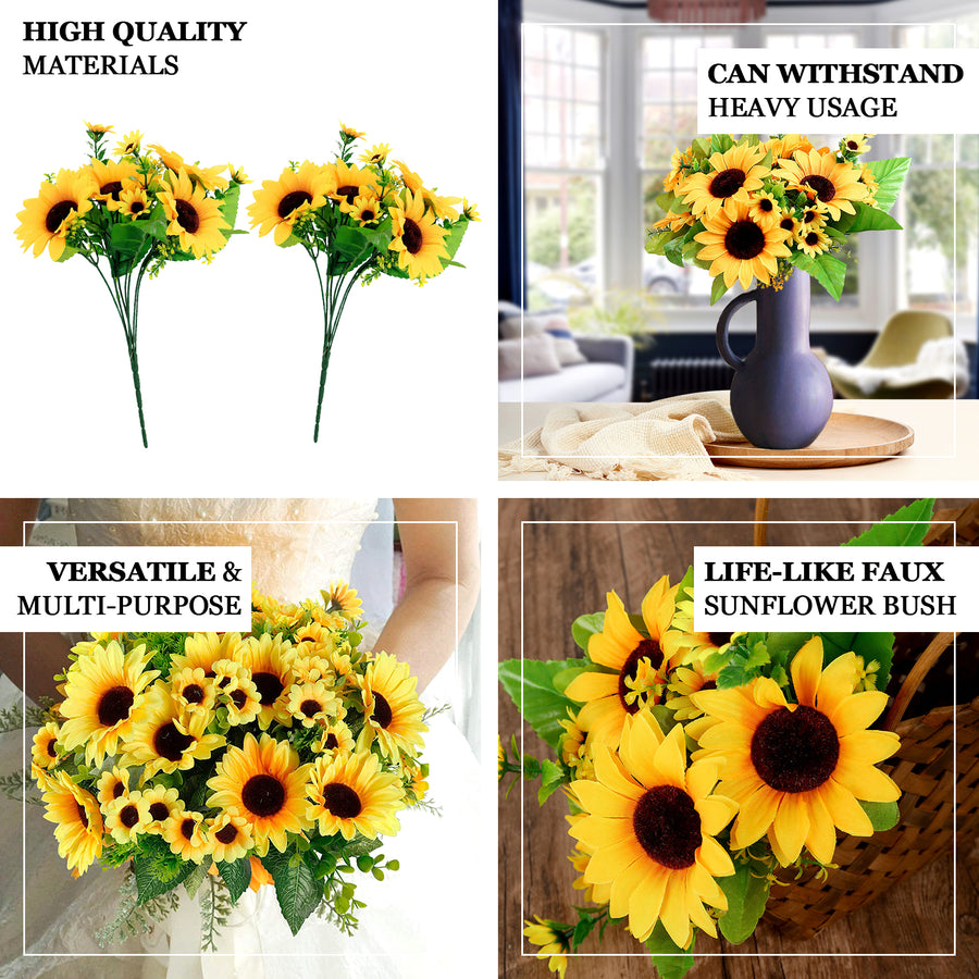 2 Bouquets | 13inch Yellow Artificial Silk Sunflower Flower Bushes