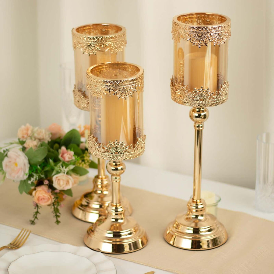 Set of 3 | Antique Gold Hurricane Glass Pillar Candle Holders, Lace Design Votive Candle Stands