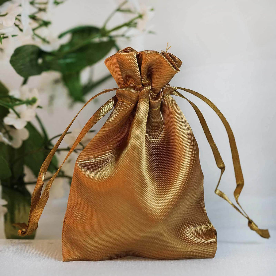 12 Pack | 3inch Antique Gold Satin Drawstring Wedding Party Favor Bags