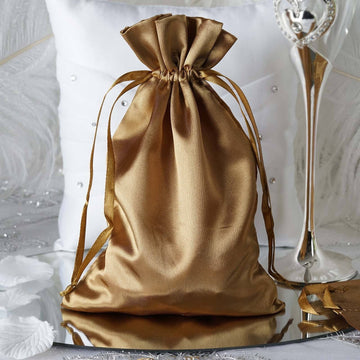 12 Pack 6"x9" Antique Gold Satin Wedding Party Favor Bags, Drawstring Pouch Gift Bags