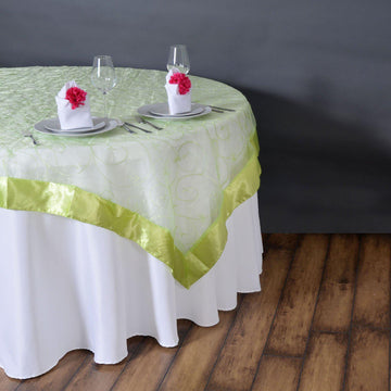 85"x85" Apple Green Embroidered Sheer Organza Square Table Overlay With Satin Edge - Clearance SALE