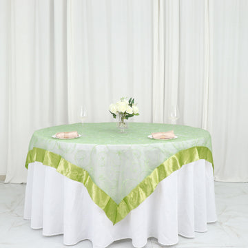 72"x72" Apple Green Embroidered Sheer Organza Square Table Overlay With Satin Edge
