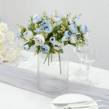 4 Pack 12" Artificial Dusty Blue Ranunculus Silk Flower Bridal Bouquets, Faux Buttercup Floral Arrangement