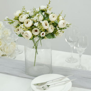 4 Pack | 12" Artificial Ivory Ranunculus Silk Flower Bridal Bouquets, Faux Buttercup Floral Arrangement