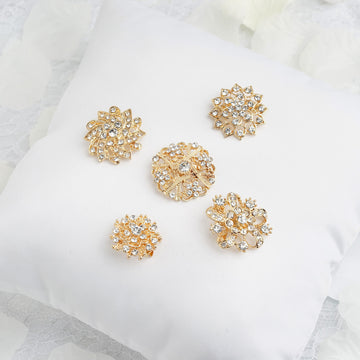 5 Pack | Assorted Gold Plated Mandala Crystal Rhinestone Brooches | Floral Sash Pin Brooch Bouquet Decor