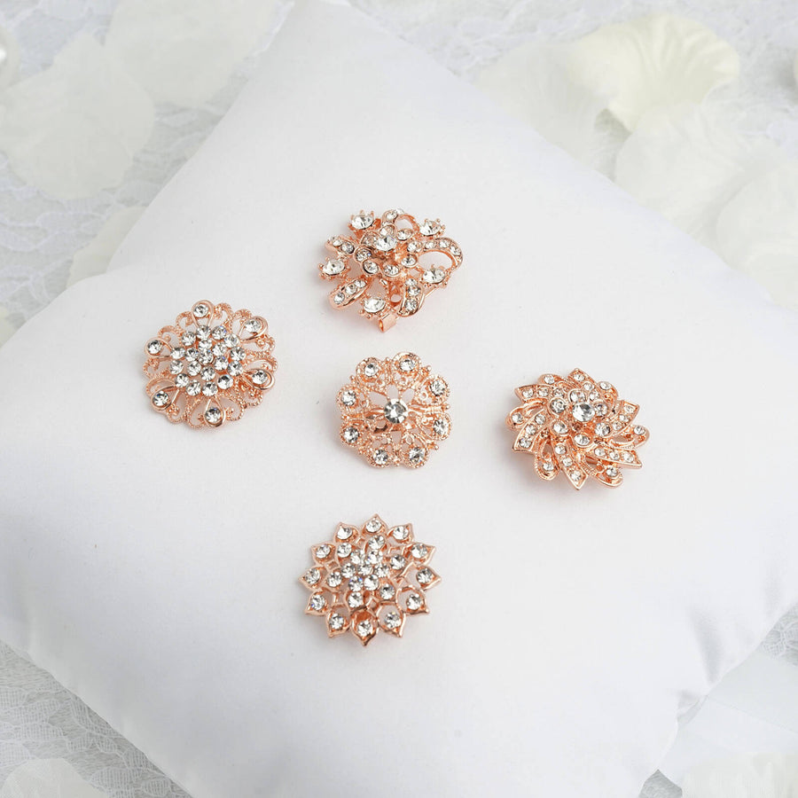5 Pcs | Assorted Rose Gold Plated Mandala Crystal Rhinestone Brooches | Floral Sash Pin Brooch Bouquet Decor#whtbkgd