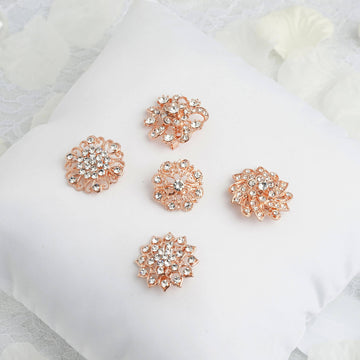 5 Pack | Assorted Rose Gold Plated Mandala Crystal Rhinestone Brooches | Floral Sash Pin Brooch Bouquet Decor