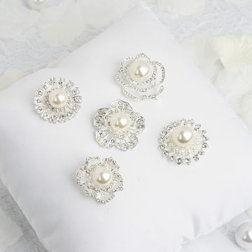 5 Pack Assorted Silver Plated Rhinestone Brooches with Pearl Center Floral Sash Pin Brooch Bouquet Decor