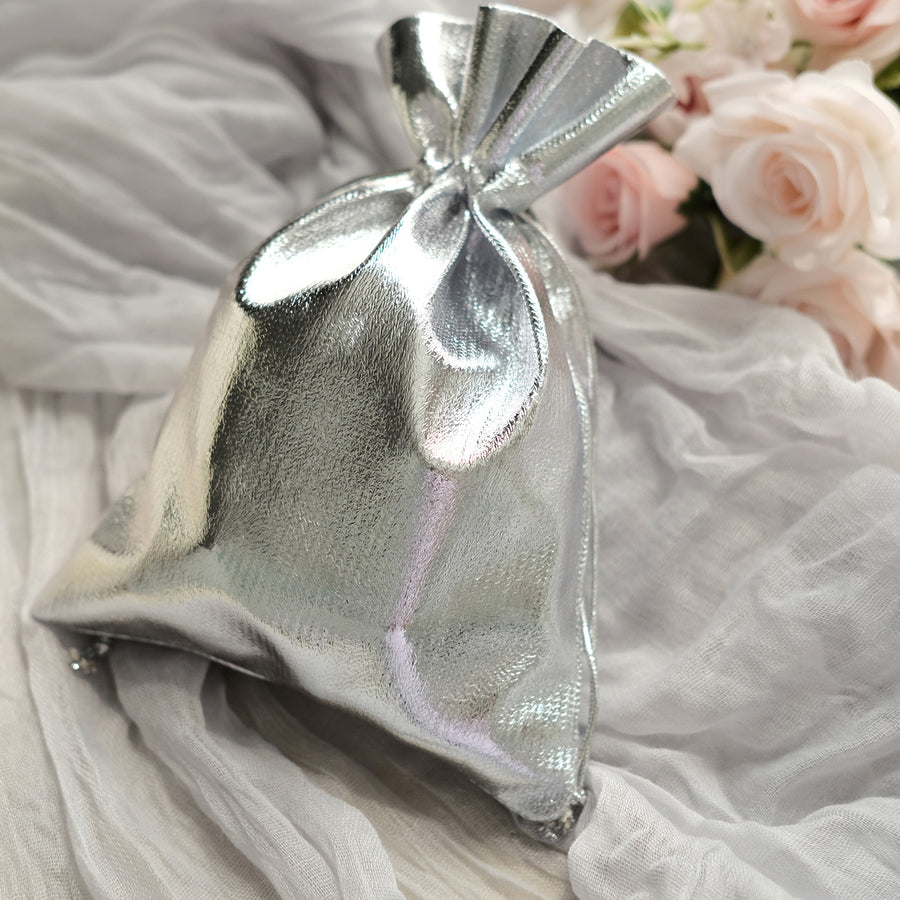 10 Pack | Metallic Silver Lame Polyester 5inch x 7inch Party Favor Gift Bags