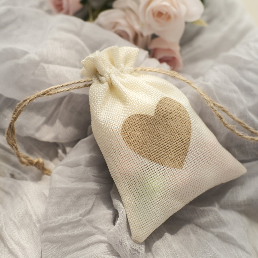 20 Pack | 4x5inch Natural/Ivory Heart Design Jute Burlap Gift Bags With Drawstring