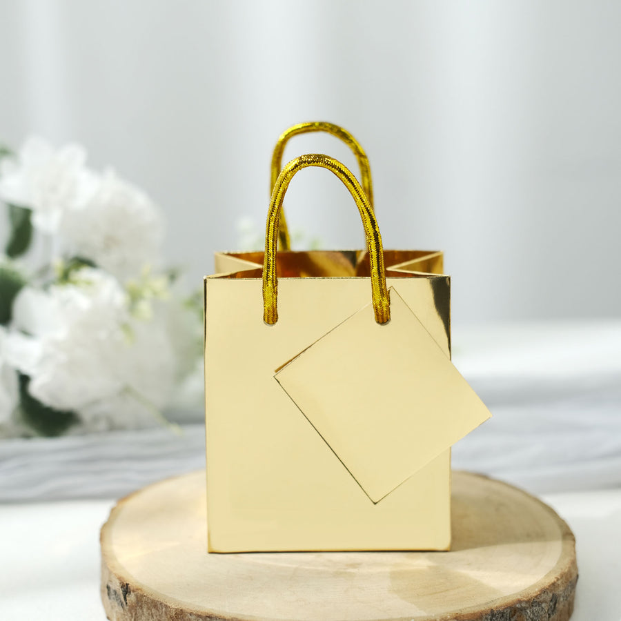 5inch Shiny Metallic Gold Foil Paper Party Favor Bags With Handles, Small Gift Wrap Goodie Bags