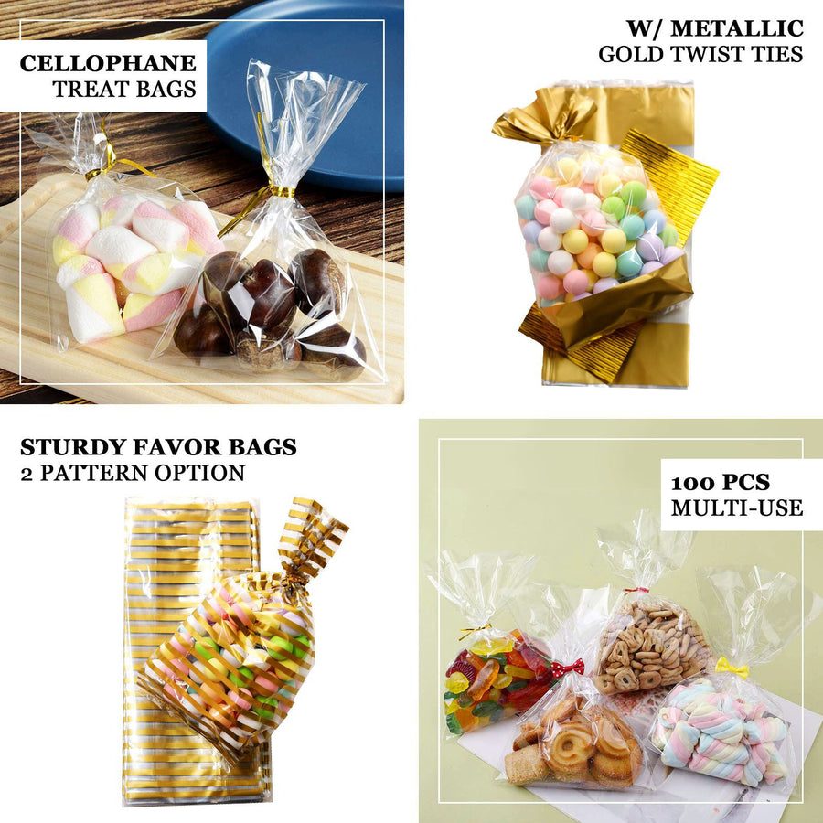 100 Pcs | 4x9inches Clear/Silver Gift Goodie Candy Treat Bags & Twist Ties