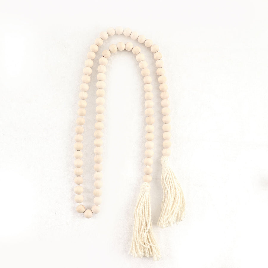29inch Cream Rustic Boho Chic Wood Bead Garland With Tassels#whtbkgd