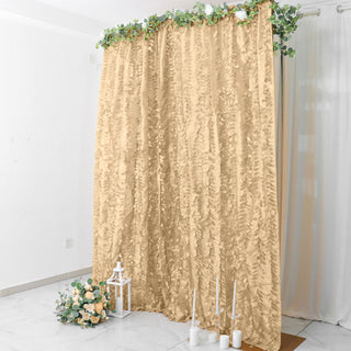 Create a Natural and Whimsical Atmosphere with the Champagne 3D Leaf Petal Taffeta Fabric Event Curtain Drapery