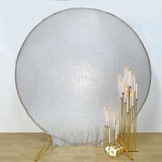 Add Sparkle and Glamour to Your Events with the 7.5ft Metallic Silver Sparkle Sequin Round Wedding Arch Cover
