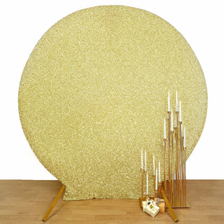 Add Elegance to Your Event with the 7.5ft Champagne Metallic Shimmer Tinsel Spandex Round Wedding Arch Cover