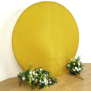 Add a Touch of Elegance with the 7.5ft Gold Metallic Shimmer Tinsel Spandex Round Wedding Arch Cover